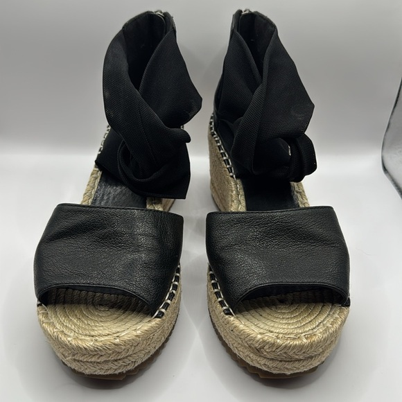 NWOB Eileen Fisher Women's Black Wiley Leather Espadrille Wedge Sandals Size 7 - Picture 8 of 12
